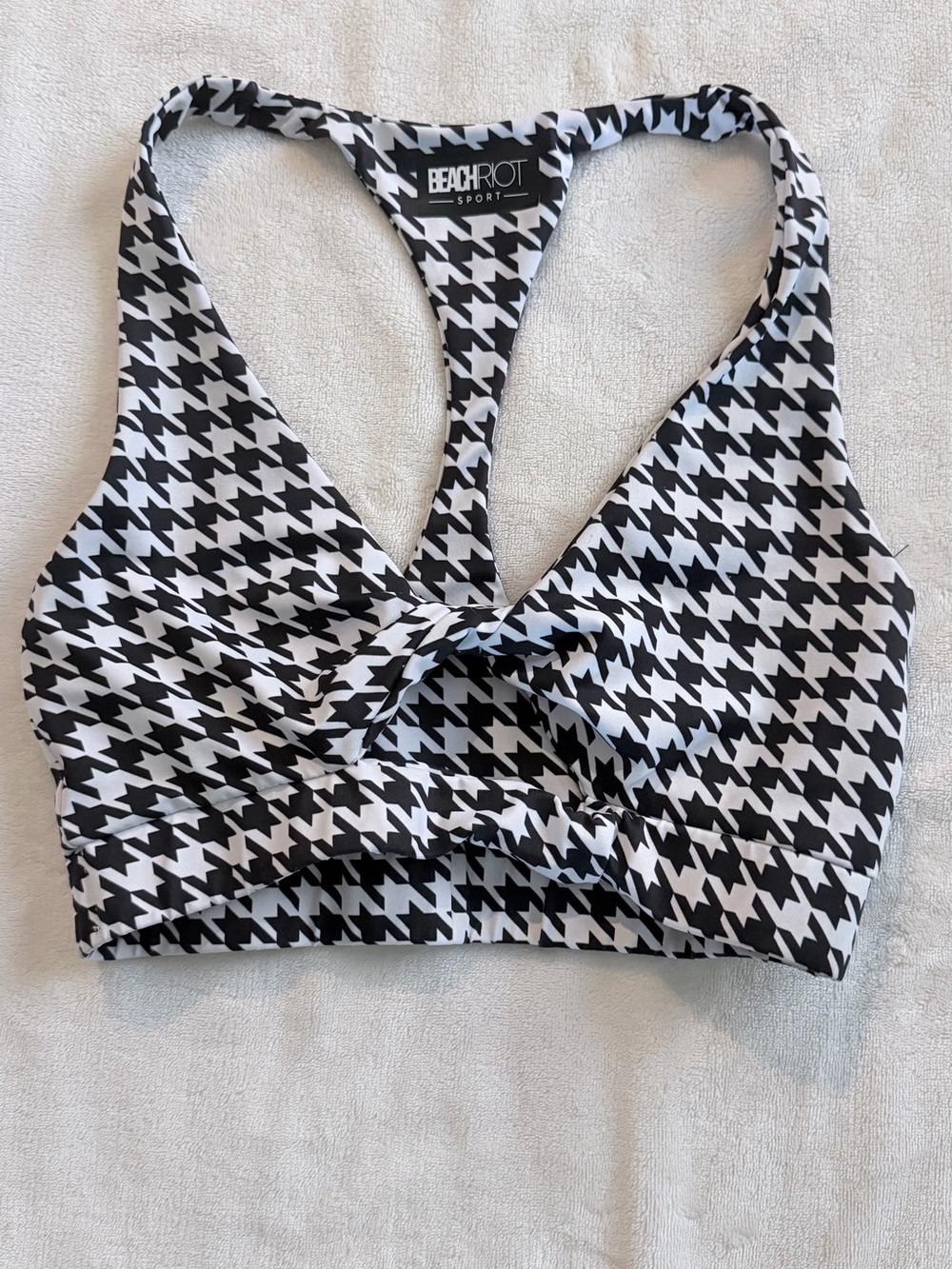 Beach Riot Black & White Houndstooth Twist-Front Sports Bra